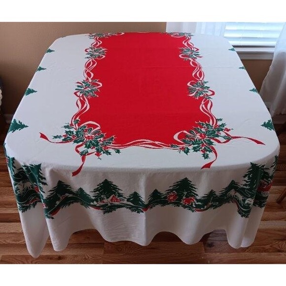 Large Vintage Printed Tablecloth Christmas Sleigh Ribbon Carolers Cotton 75